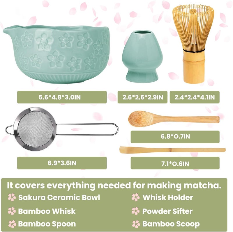 RANERANE Matcha Whisk Set, Sakura Blue Ceramic Matcha Set Includes Matcha Bowl, Matcha Whisk (Chasen) and Holder, Sifter, Bamboo Scoop & Spoon - 6 Pcs Matcha Kit for Matcha Lovers - Image 2